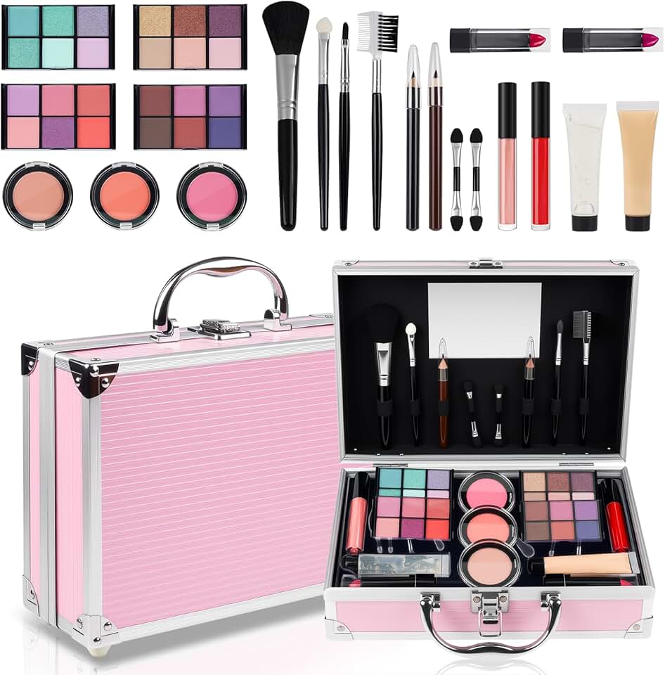 Teen Girl Makeup Kit with Eyeshadow, Lipstick, Blush, Gloss, Brushes