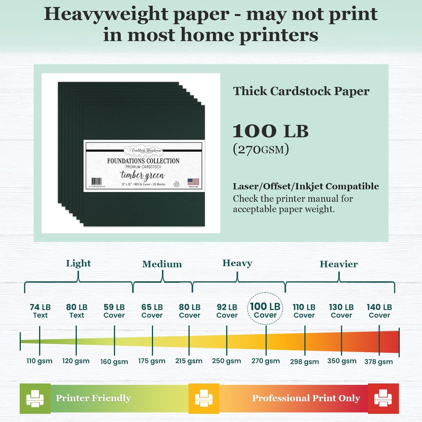 Green Recycled Cardstock Paper, 25 Sheets, 12x12, 80lb