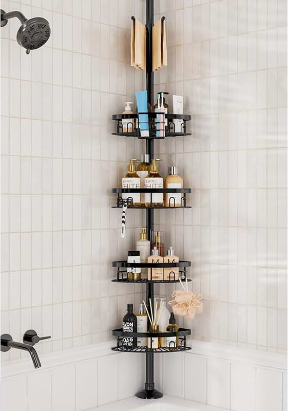 Rustproof Corner Shower Caddy with Adjustable Shelves and Towel Bar