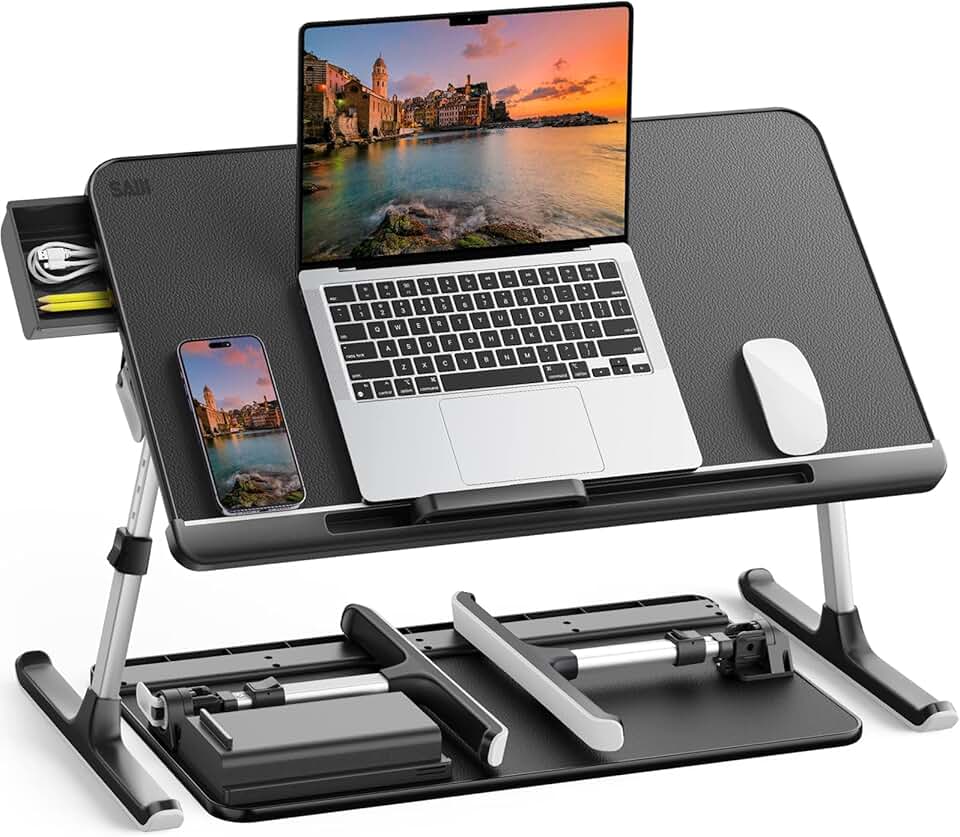 Adjustable PVC Leather Laptop Bed Tray with Storage