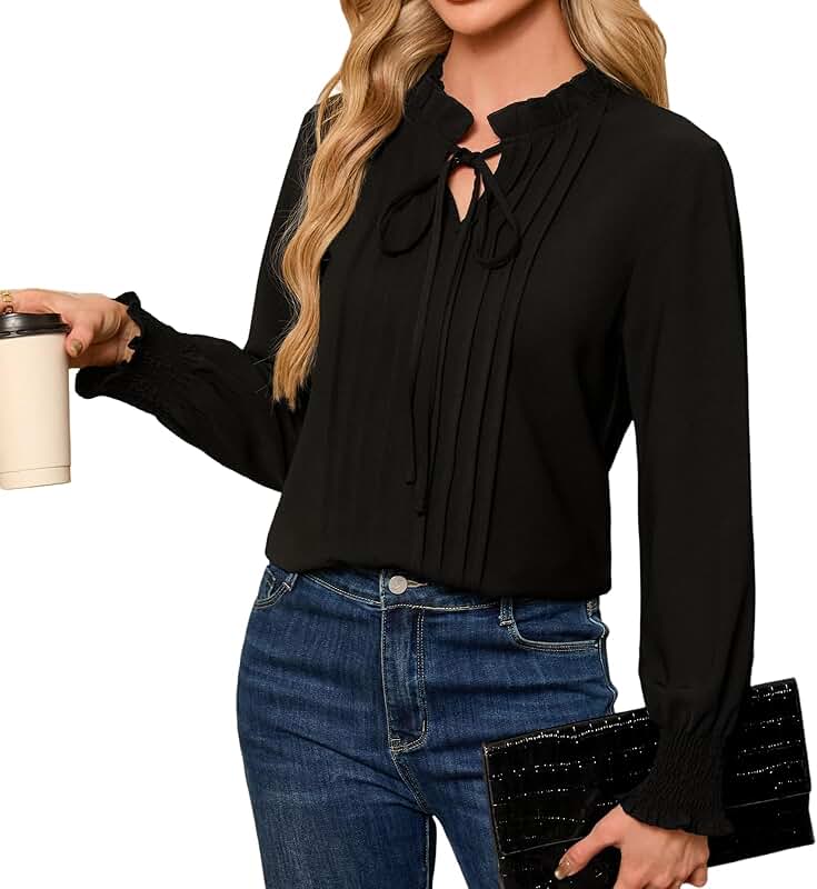 Women’s V-Neck Long Puff Sleeve Casual Blouse