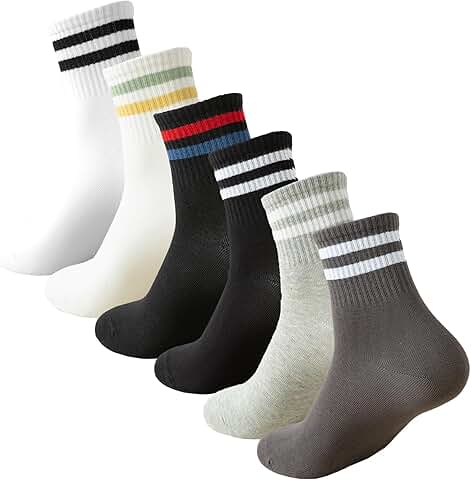 Six Pairs of Cotton Striped Crew Socks for Women