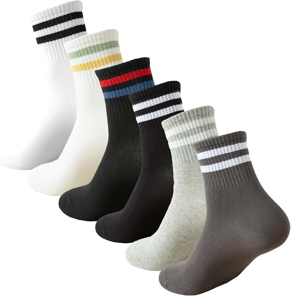 Six Pairs of Cotton Striped Crew Socks for Women