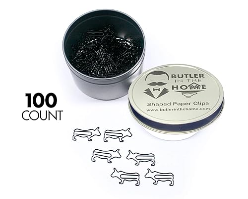 Cow-shaped paper clips in tin box, 100 pieces