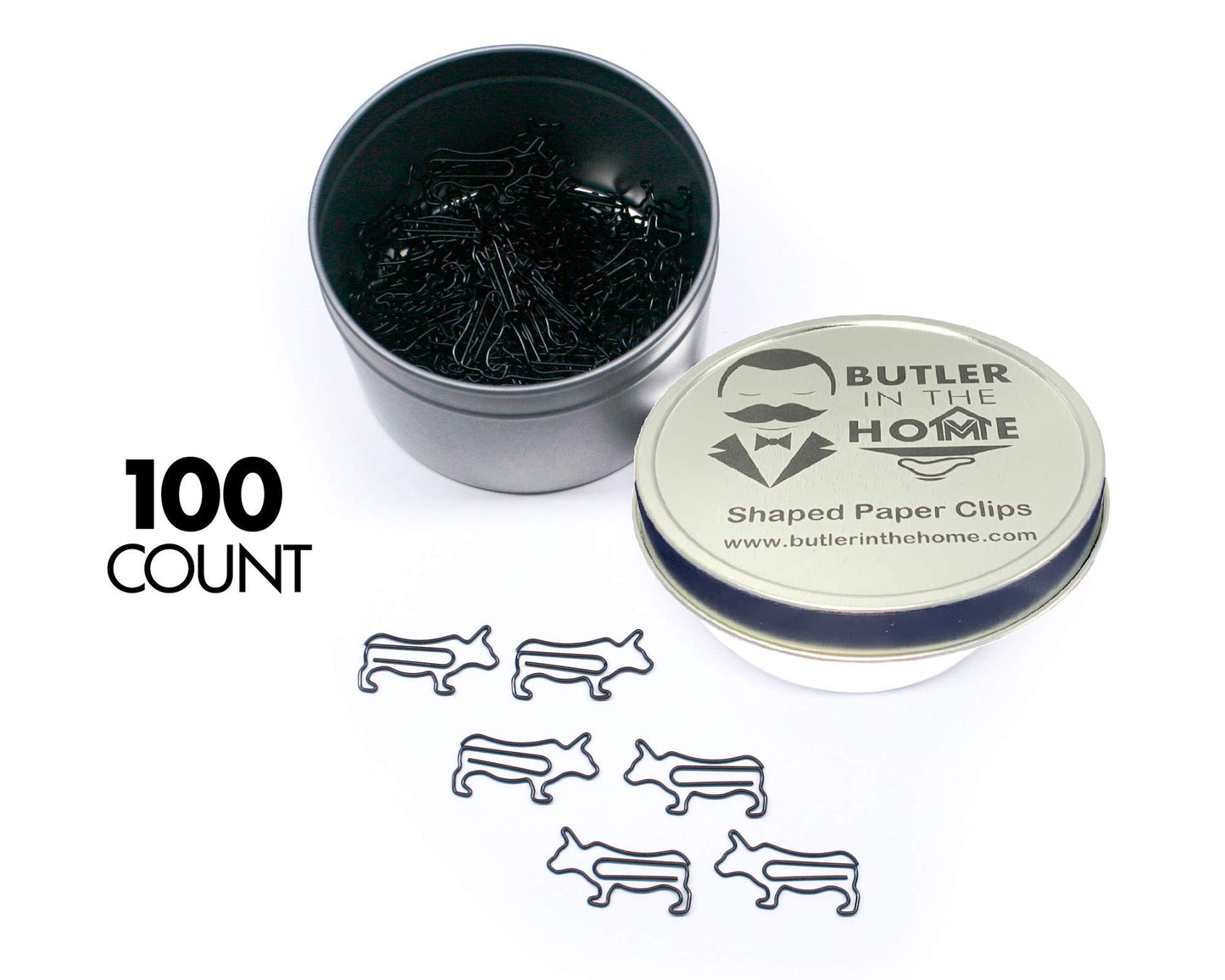 Cow-shaped paper clips in tin box, 100 pieces