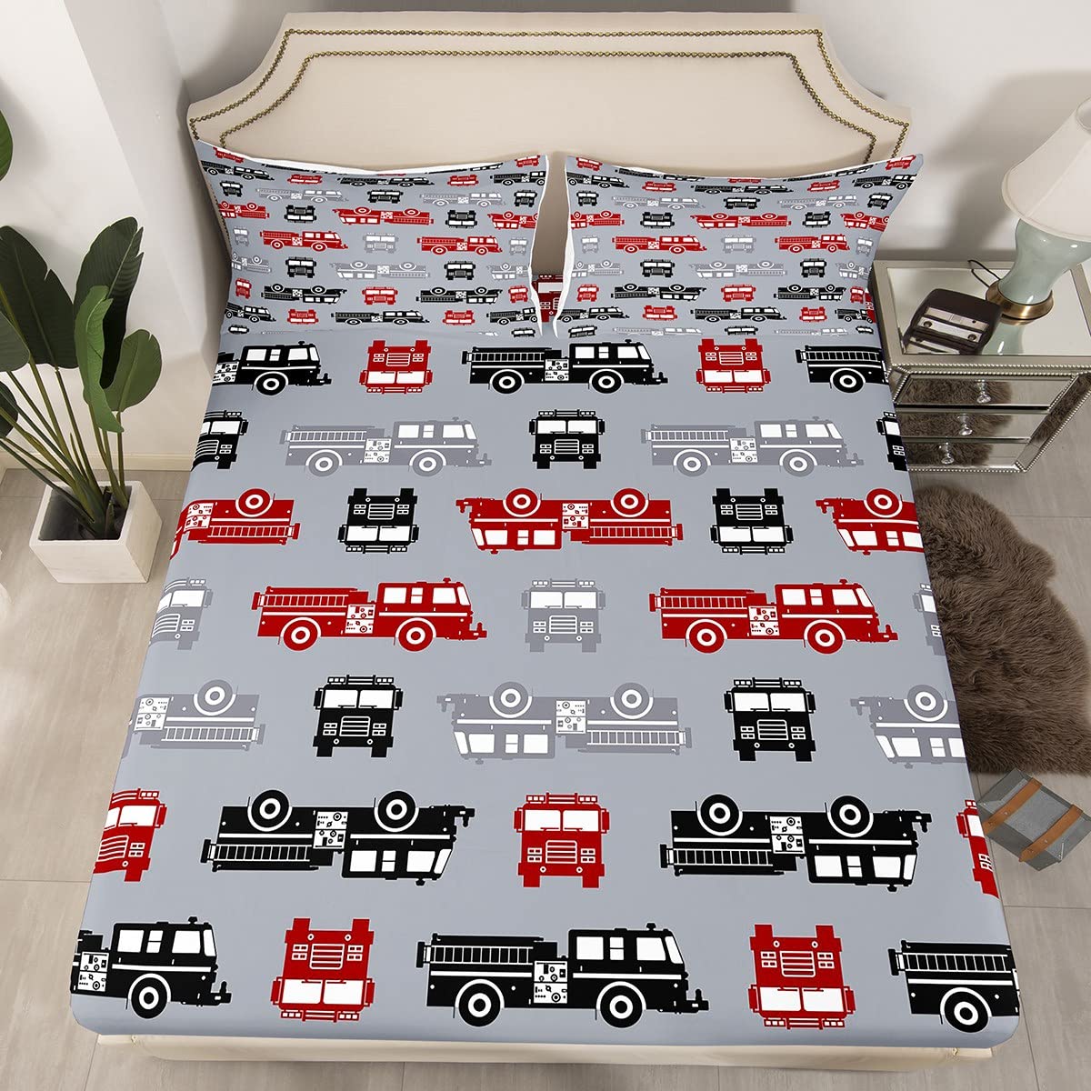 Vehicles Bed Sheets Boys Truck Sheet Set Full Size, Rescue Car Fitted Sheet for Child Youth Man, Engine Bed Cover Fighting Vehicle Kids Car Theme Room Decor Grey