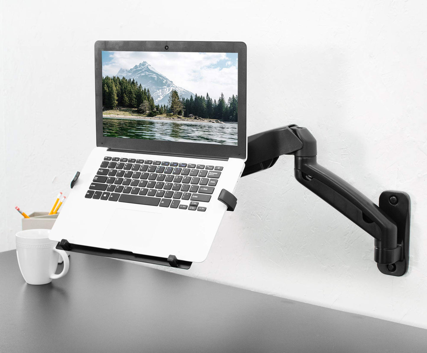 Height Adjustable Pneumatic Extended Arm Laptop Wall Mount, Full Motion Articulating Notebook Tray, Fits 10 to 15.6 inch Screen, Black, MOUNT-V001GL