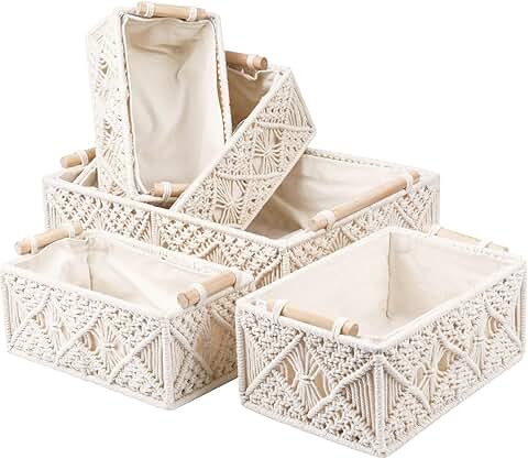 Set of 5 Handmade Macrame Storage Baskets with Wood Handles