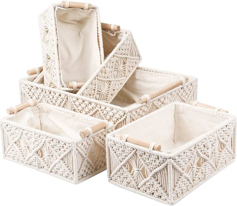 Set of 5 Handmade Macrame Storage Baskets with Wood Handles