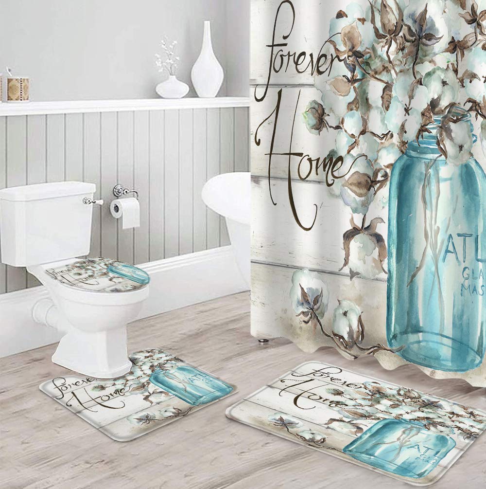 4pc Wooden Plank Bathroom Accessory Set  Non- Bath Mat, Contour Mat, Tet Lid Cover and Waterproof Shower Curtain with 12 Hooks Forever Home Mason Jar Floral
