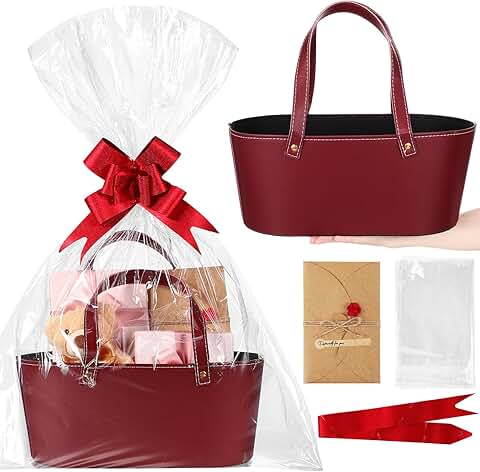 Large red leather gift basket with handle and accessories