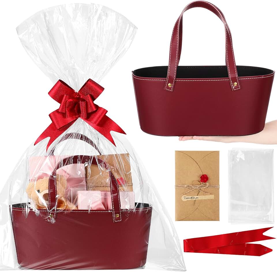 Large red leather gift basket with handle and accessories