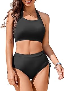 Women's High Waist Cheeky Bikini with Push Up and Drawstring