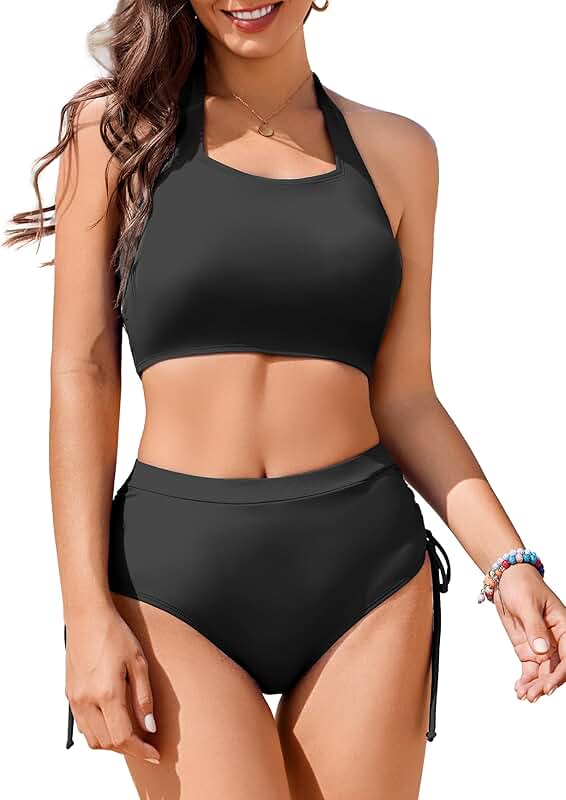 Women's High Waist Cheeky Bikini with Push Up and Drawstring