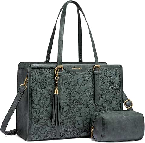 Vintage Leather Laptop Tote with Clutch for Women