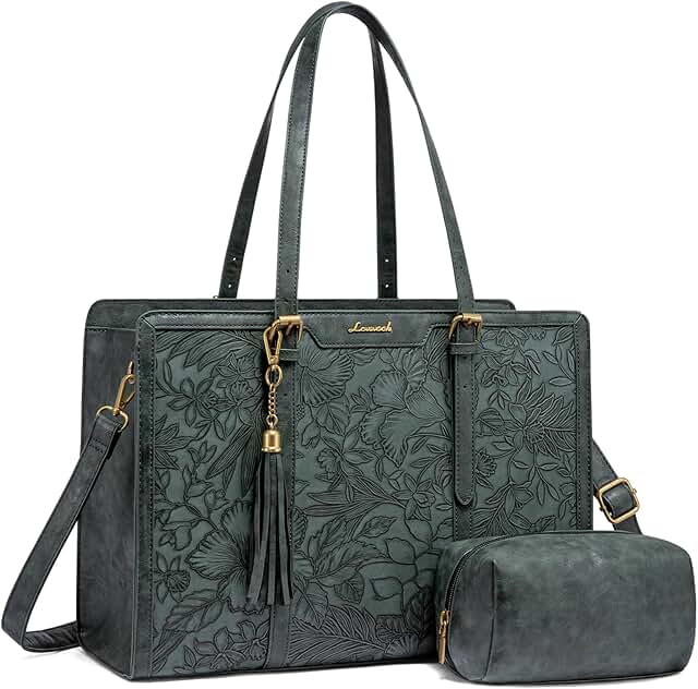 Vintage Leather Laptop Tote with Clutch for Women
