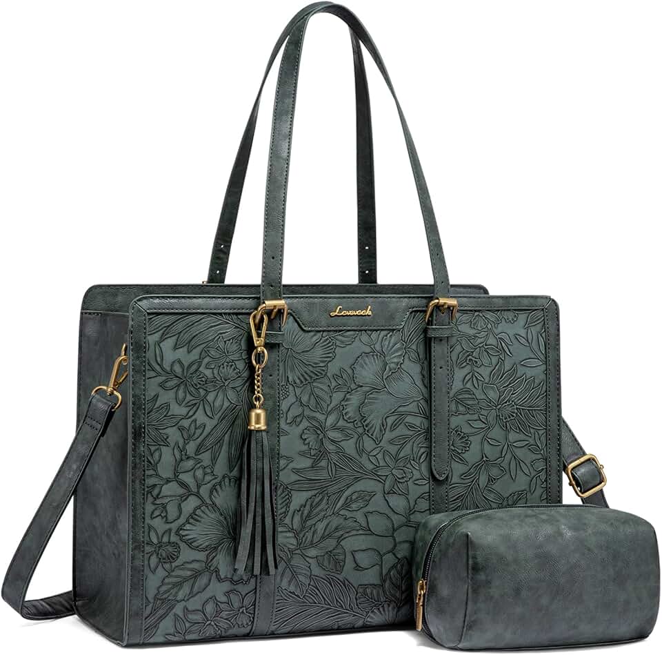 Vintage Leather Laptop Tote with Clutch for Women