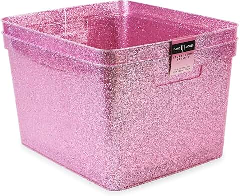 Large Glitter Storage Bin with Handles, Pink, Set of 2