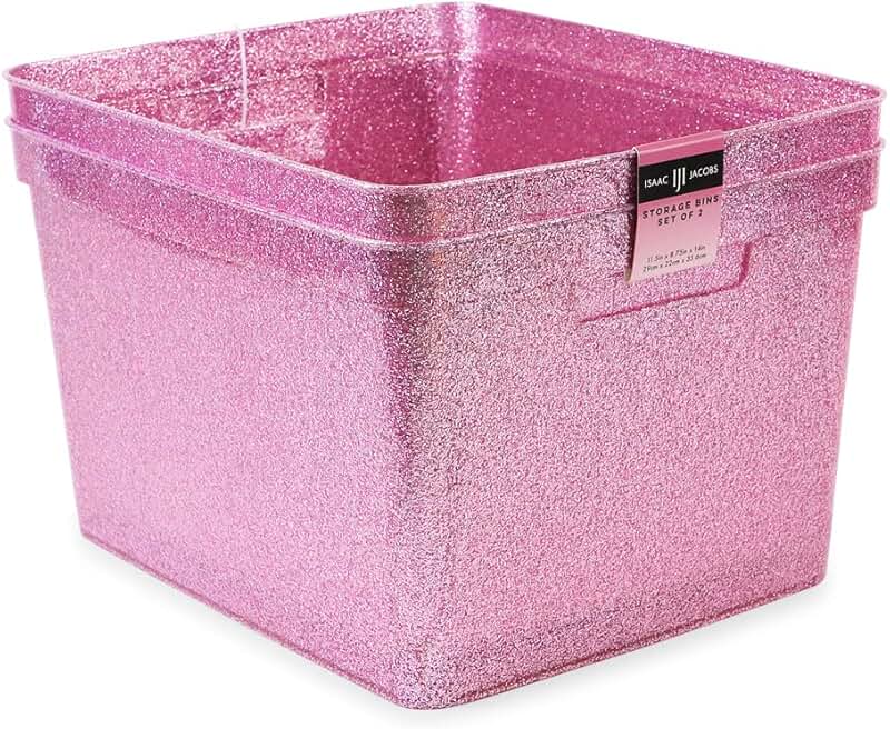 Large Glitter Storage Bin with Handles, Pink, Set of 2