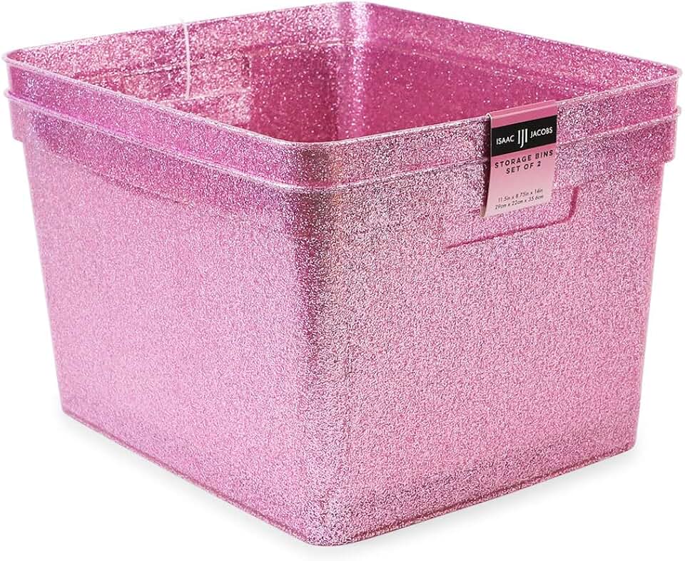 Large Glitter Storage Bin with Handles, Pink, Set of 2