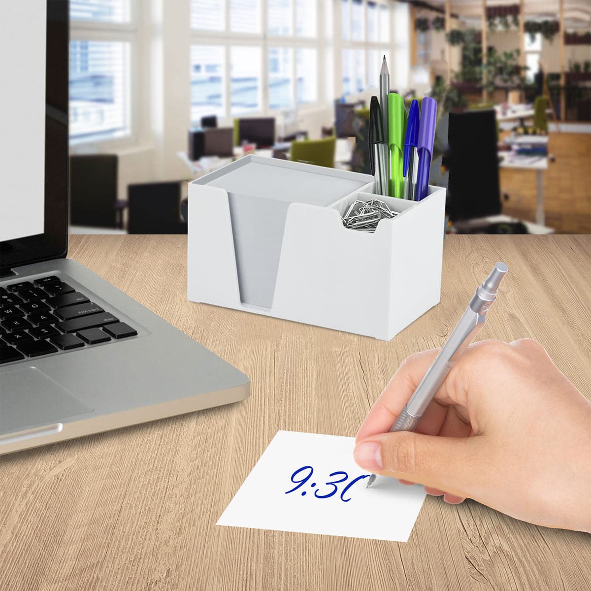 White plastic desktop organizer for pens, paper, and clips