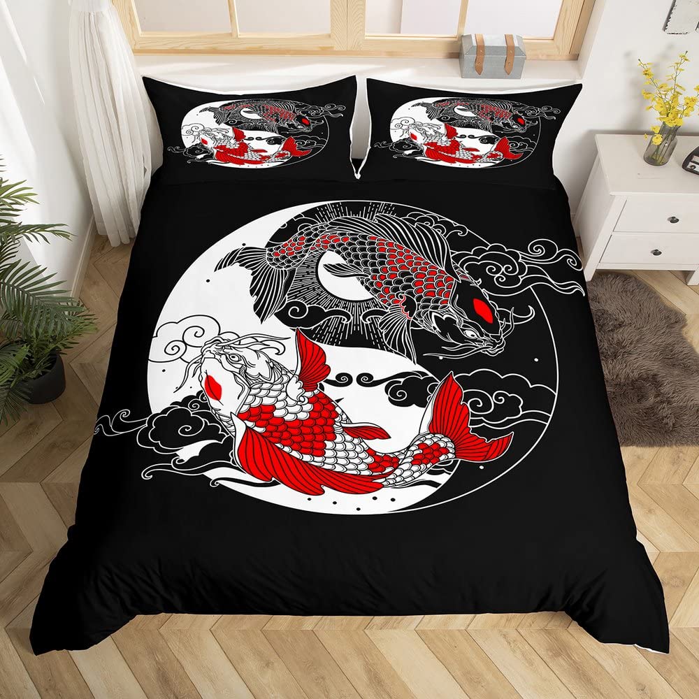 Yin Yang Bedding Sets Queen, Style Duvet Cover for Kids Boys Girls Gossip Koi Couple Fish Decor Comforter Cover,Chinese Taiji Quilt Cover Black White Red Home Room Decor 3Pcs