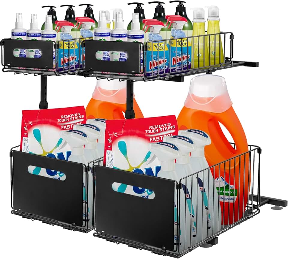 Two-Tier Under Sink Storage Organizer, Adjustable Steel Shelves (2 Pack)