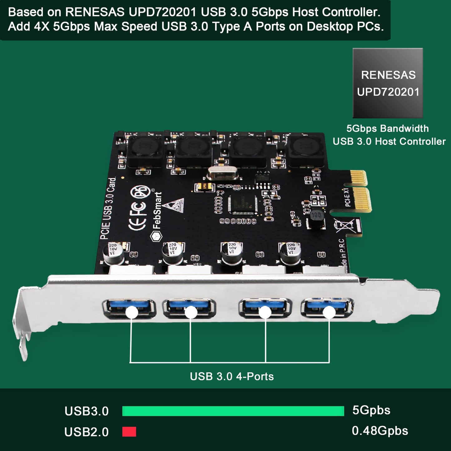 4 Ports Superspeed 5Gbps USB 3.0 PCI Express Expansion Card for Windows 11, 10, 8.x, 7, Vista, XP Desktop PCs, Built in Self-Powered Technology, No Need Additional Power Supply (FS-U4-Pro)