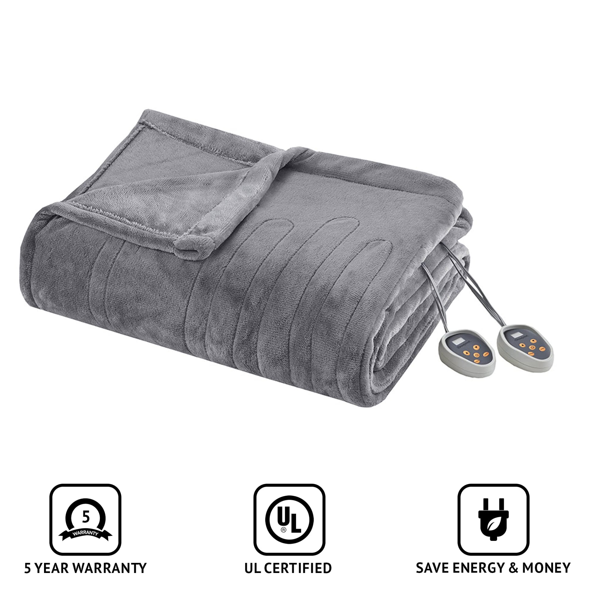 Plush Electric Blanket for Cold Weather, Fast Heating, Auto Shut Off, Virtually Zero EMF, Multi Heat Setting, UL  Machine Washable, Grey King 90 inx100 in)