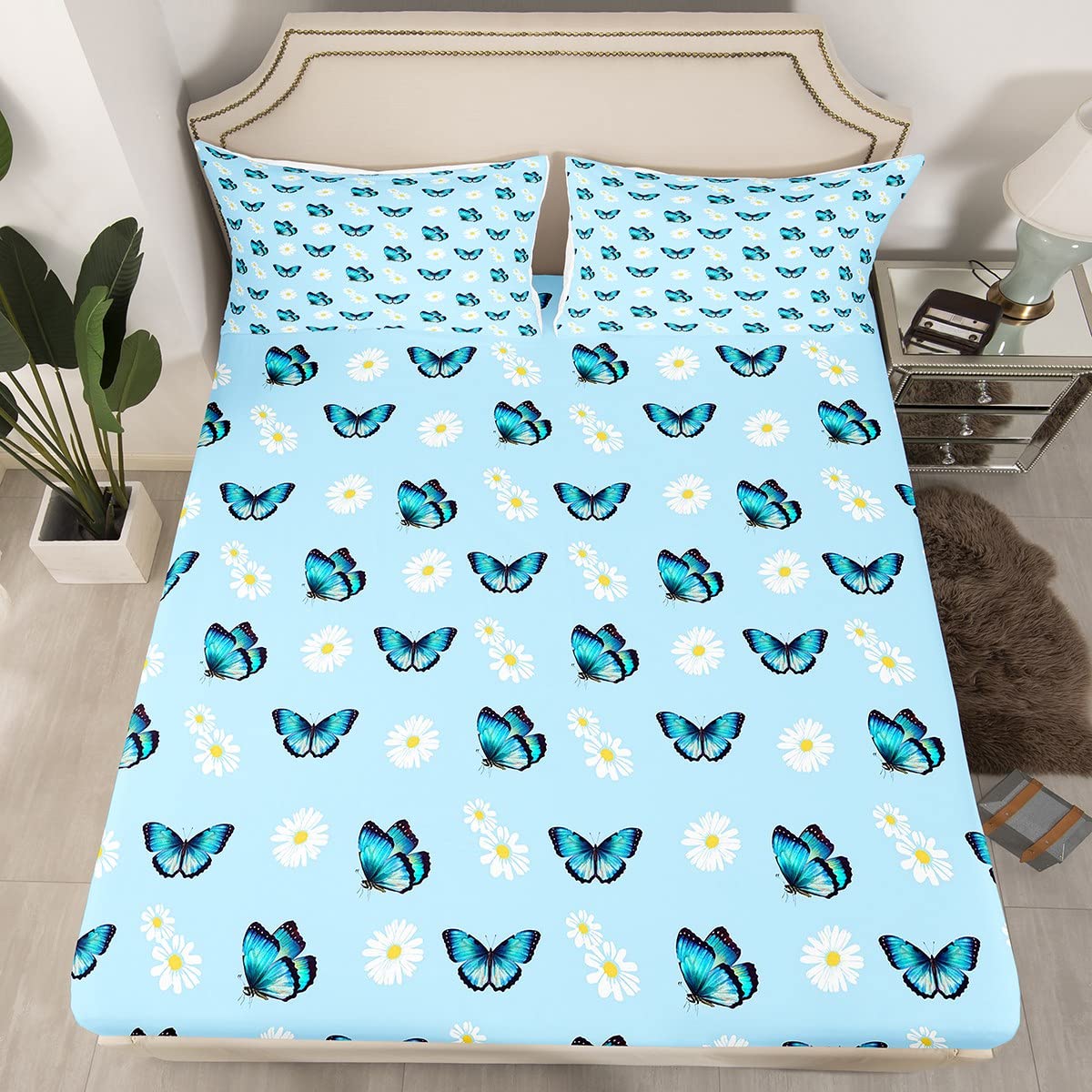 Butterfly Bed Sheets,Daisy Flower Bedding Set Full Size,Teal Blue Butterflies Bed Cover for Kids Boys Girls Teens Women Bedroom Decor,Gorgeous Floral Fitted Sheet