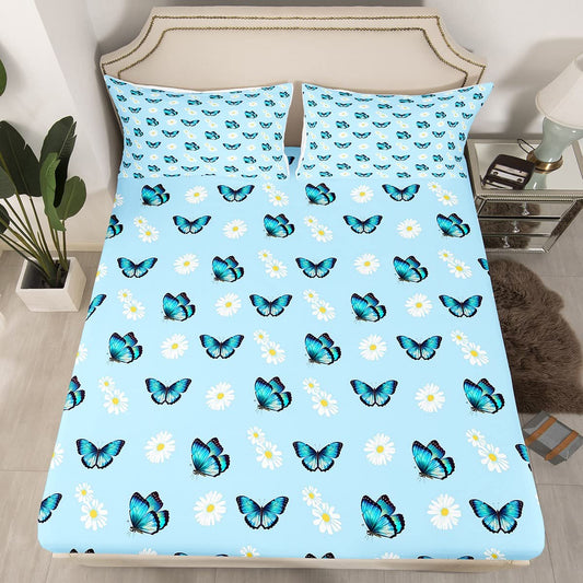Butterfly Bed Sheets,Daisy Flower Bedding Set Full Size,Teal Blue Butterflies Bed Cover for Kids Boys Girls Teens Women Bedroom Decor,Gorgeous Floral Fitted Sheet
