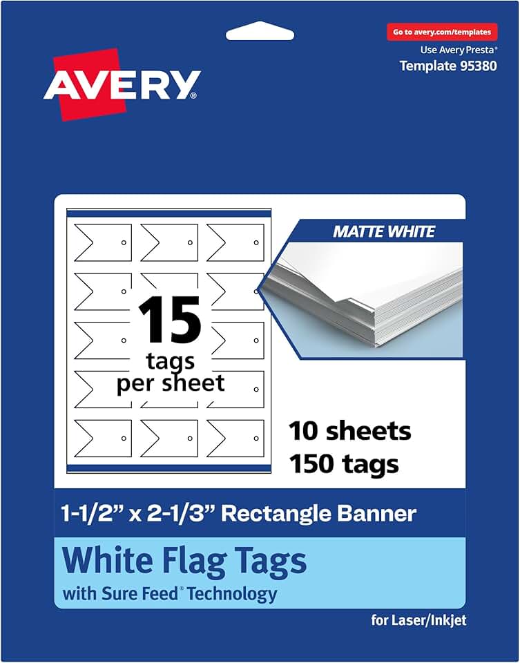 Printable Rectangle Banner Flag Tags, Matte White, 1-1/2" x 2-1/3"