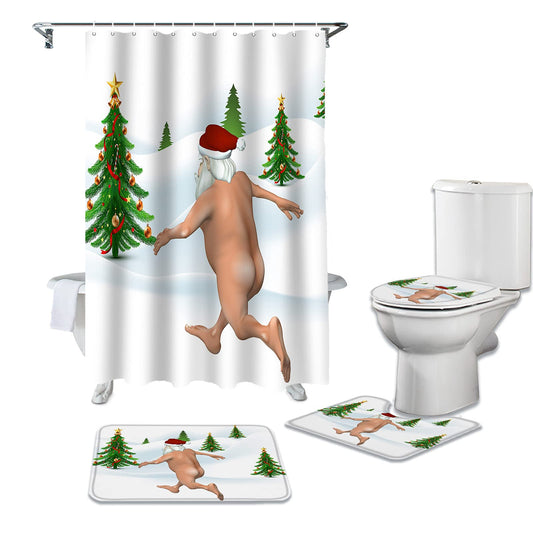 Shower Curtain and Rugs Set for Bathroom, Funny Xmas Santa Claus Trees Waterproof with 12 Hook, Absorbent Non-Skip Tet Lid Cover Set, Green, 36x72''+18x30''+14x18''+15x18''