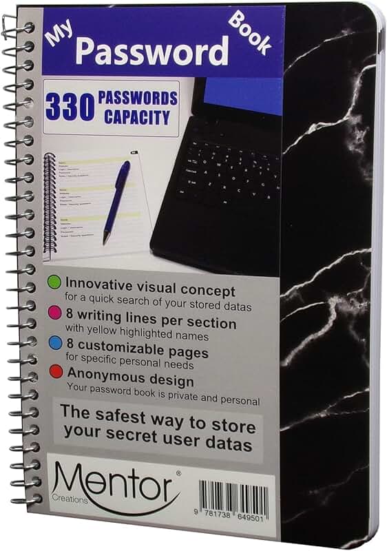 Password and private code journal, 7" x 5" black marble