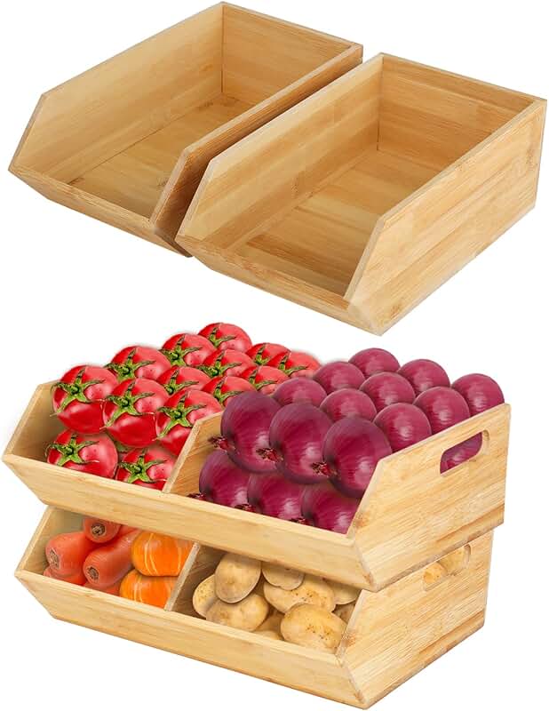 Set of four bamboo storage bins for pantry and kitchen