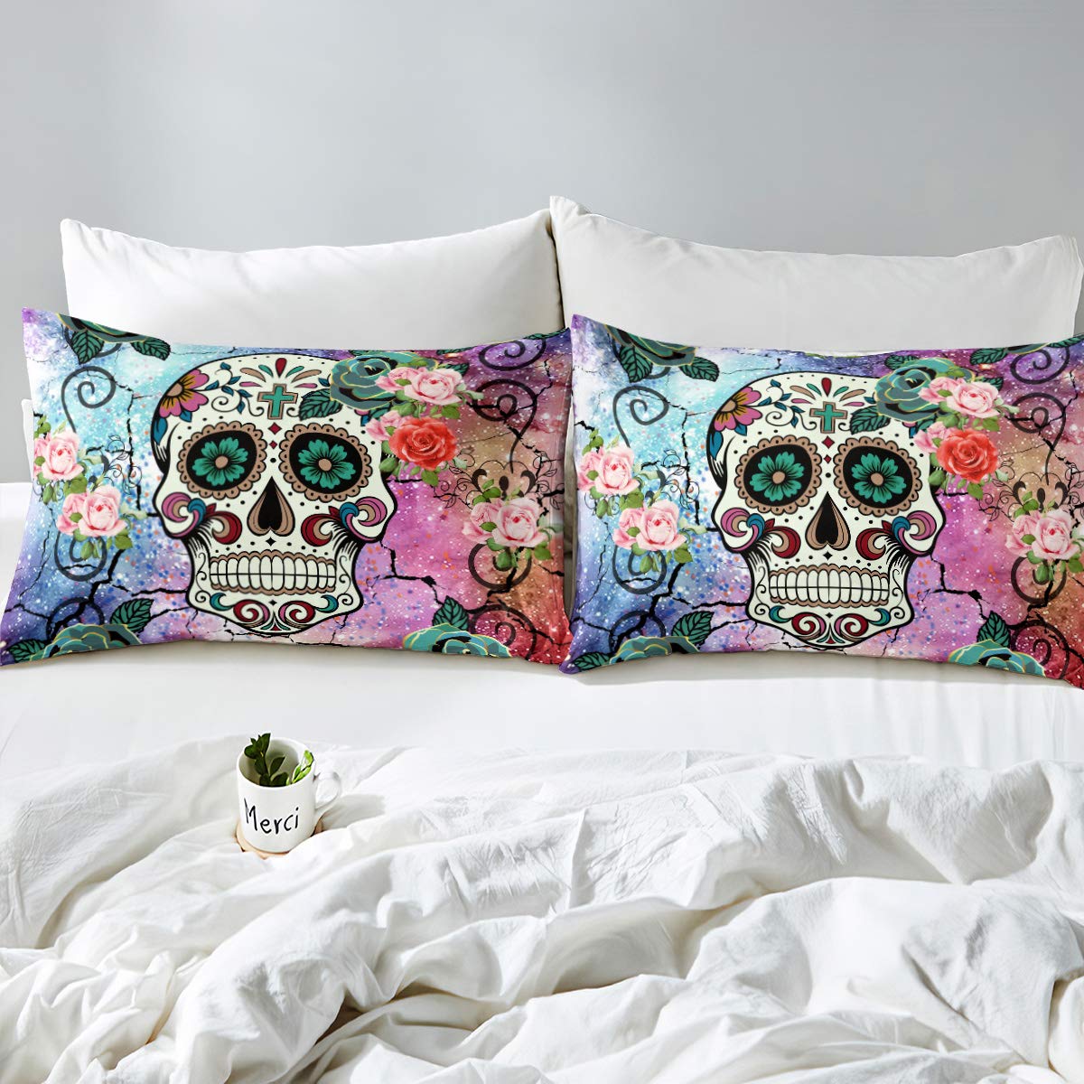 Sugar Skull Comforter Cover Set Twin Size Teen Girl Bedding Set Sugar Skull Decor Bedding Skull Bones Skeleton Roses Floral Print Duvet Cover Decorative Soft Bedding Cover Zipper 2 Pcs