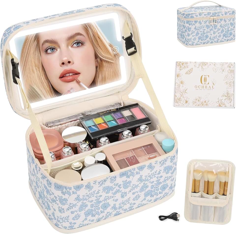 Lightweight Makeup Bag with LED Mirror and Organizer