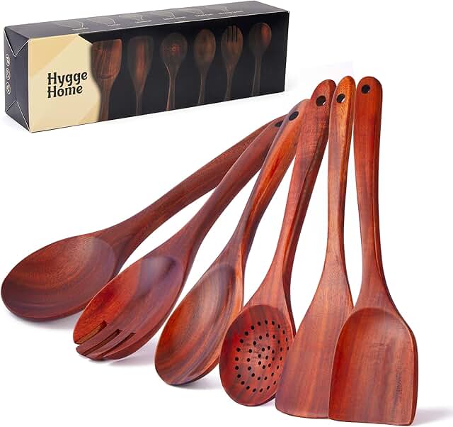 Six Wooden Cooking Spoons Set for Non-Stick Pans