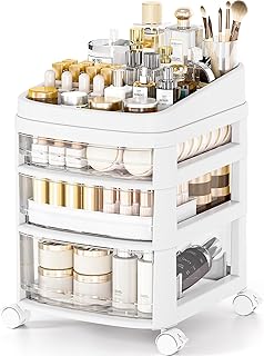 Clear plastic 3-drawer rolling storage cart for makeup and skincare