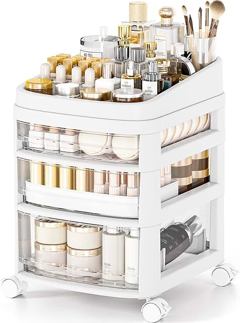 Clear plastic 3-drawer rolling storage cart for makeup and skincare