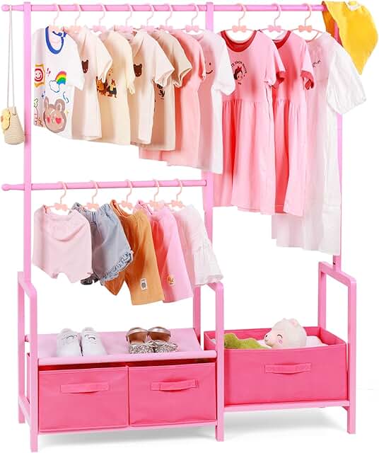 Pink Kids Clothing Rack with Three Hanging Poles and Storage Bins