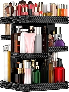 360° Rotating Black Acrylic Makeup Organizer with Lotion and Perfume Holders