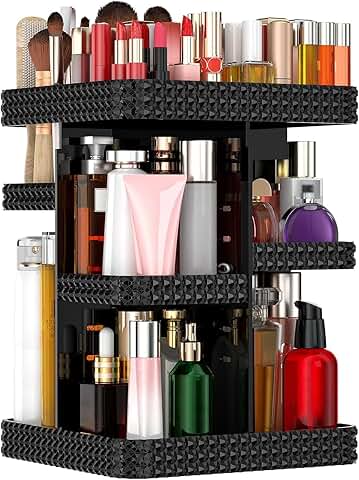 360° Rotating Black Acrylic Makeup Organizer with Lotion and Perfume Holders