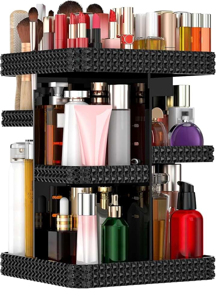 360° Rotating Black Acrylic Makeup Organizer with Lotion and Perfume Holders