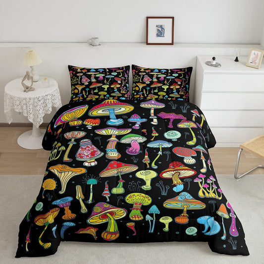 Mushroom Duvet Insert,Trippy Swirls Cartoon Comforter Set Twin Size for Kids Boys Girls Teens,Rainbow K aii Fungus Bedding Set for Room,Colorful Wild Garden Species Plant Iridescent Down Comforter