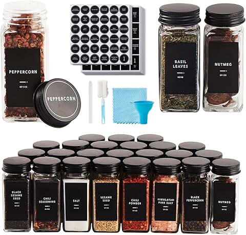 Set of 25 glass spice jars with labels and accessories