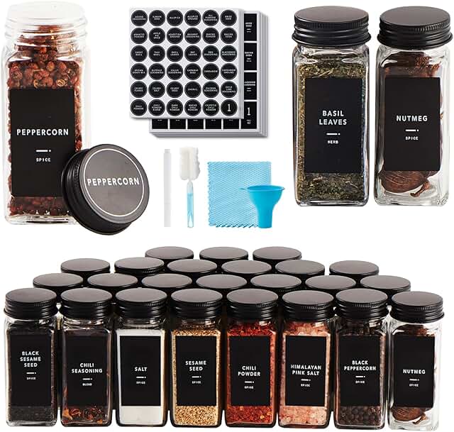 Set of 25 glass spice jars with labels and accessories