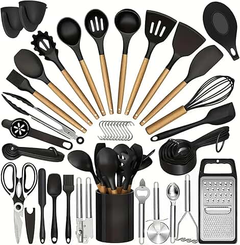 47-Piece Silicone Kitchen Utensil Set with Wooden Handles