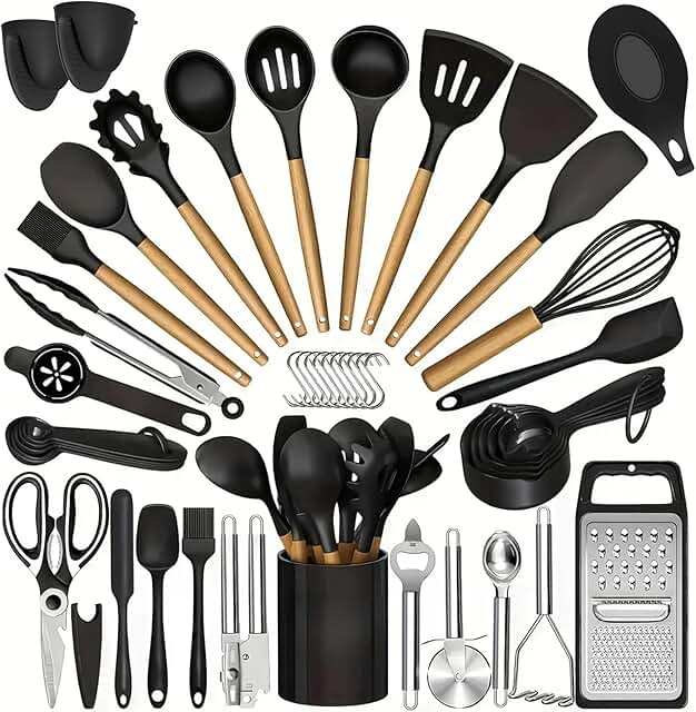 47-Piece Silicone Kitchen Utensil Set with Wooden Handles