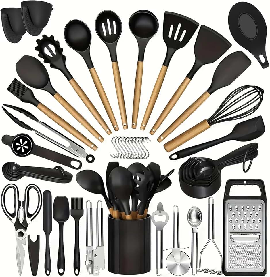 47-Piece Silicone Kitchen Utensil Set with Wooden Handles